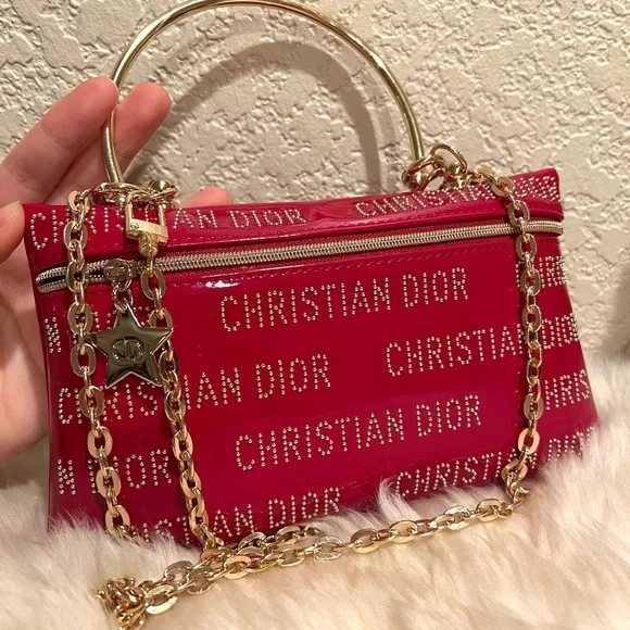 Dior Beauty Cosmetic Pouch to Crossbody Bag and Handbag Red Stud Patent Leather - Picture 4 of 16